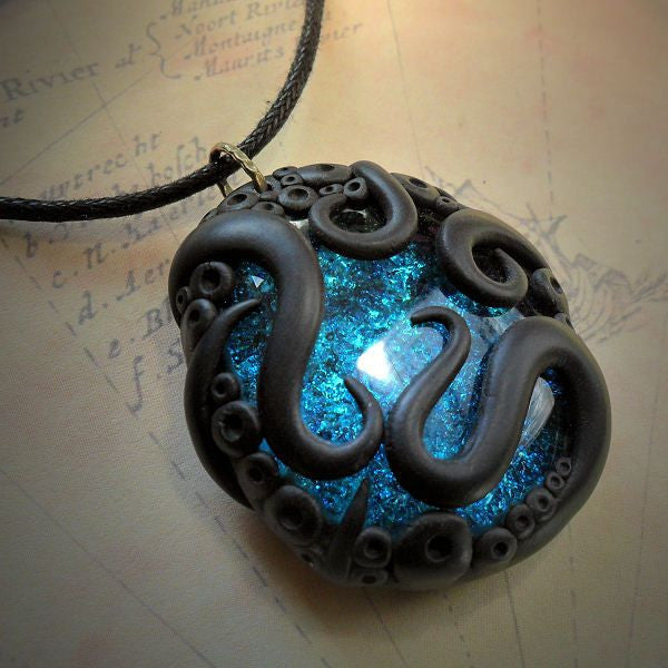 Tentacled Turquoise Glass Necklace - Buy Cthulhu Mythos gothic jewelry online at Cthulhu Jewellery and Gifts