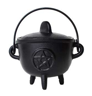 
            
                Load image into Gallery viewer, 5&amp;quot; Cast iron cauldron w/ lid Pentagram
            
        