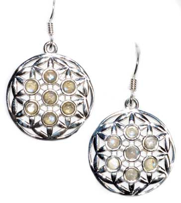 
            
                Load image into Gallery viewer, 22mm Flower of Life rainbow moonstone earrings
            
        