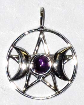 3/4" Triple Goddess Pentagram Amethyst sterling